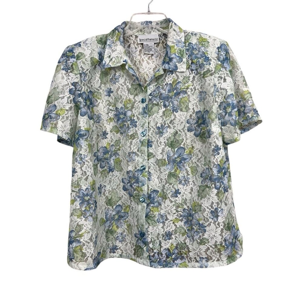 Vtg Sheer Floral Lace Top Button Up 16W Blue Green‎ Pastel Cottagecore Romantic